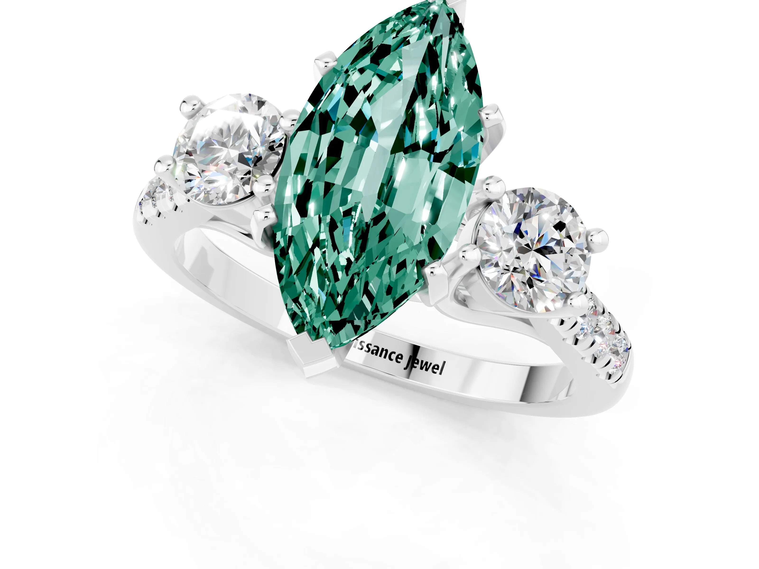 White gold Three-Stone Marquise Cut Green Sapphire Pavé Band with Four-Prong Setting_1