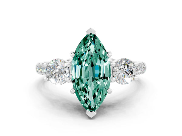 Silver Three-Stone Marquise Cut Green Sapphire Pavé Band with Four-Prong Setting