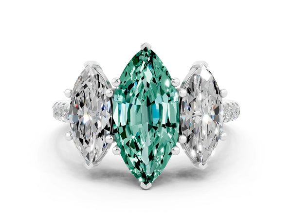 Platinum Three-Stone Marquise Cut Green Sapphire Ring with Round  Pavé Band and Prong Setting