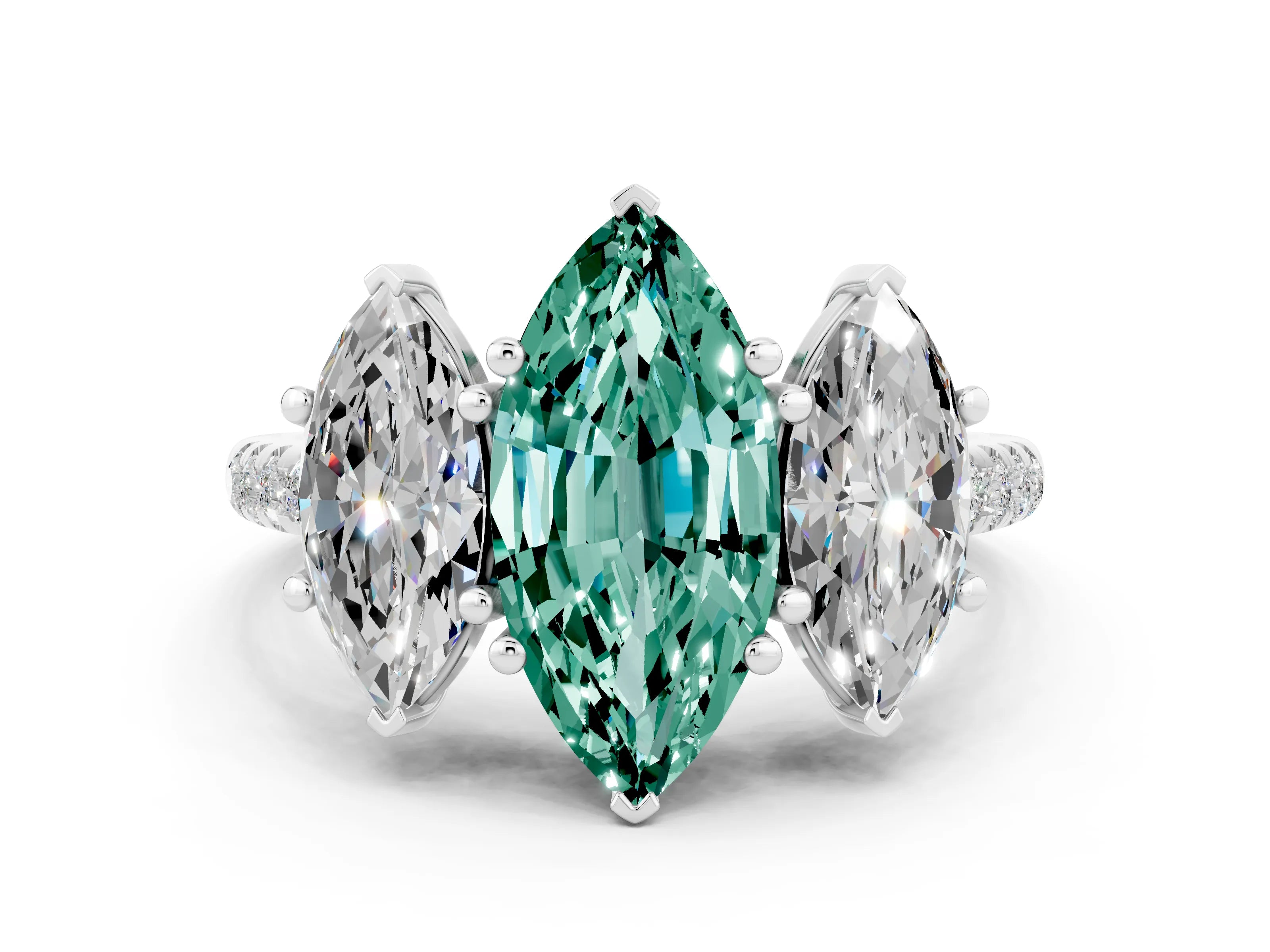 White gold Three-Stone Marquise Cut Green Sapphire Ring with Pavé Band and Prong Setting_12