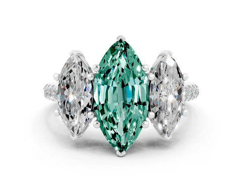 White gold Three-Stone Marquise Cut Green Sapphire Ring with Pavé Band and Prong Setting_12
