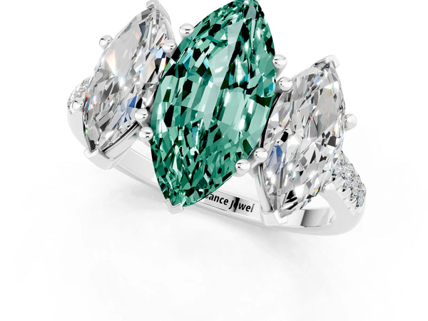 White gold Three-Stone Marquise Cut Green Sapphire Ring with Round  Pavé Band and Prong Setting