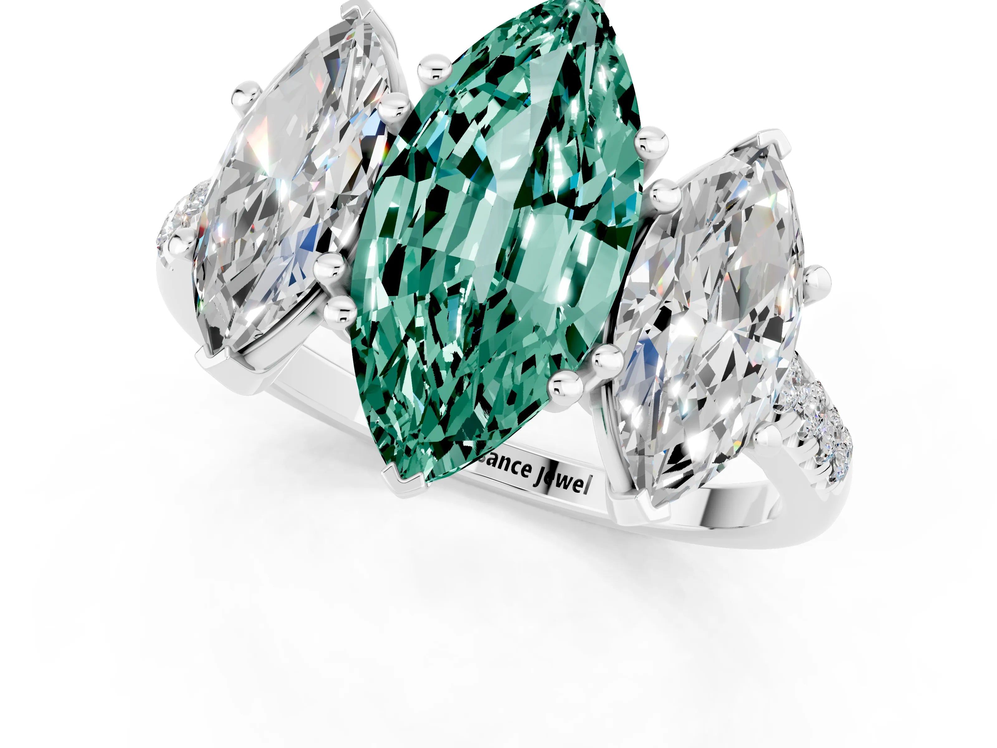 White gold Three-Stone Marquise Cut Green Sapphire Ring with Pavé Band and Prong Setting_13