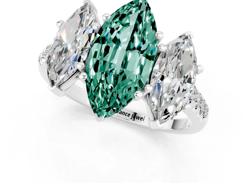 White gold Three-Stone Marquise Cut Green Sapphire Ring with Pavé Band and Prong Setting_13