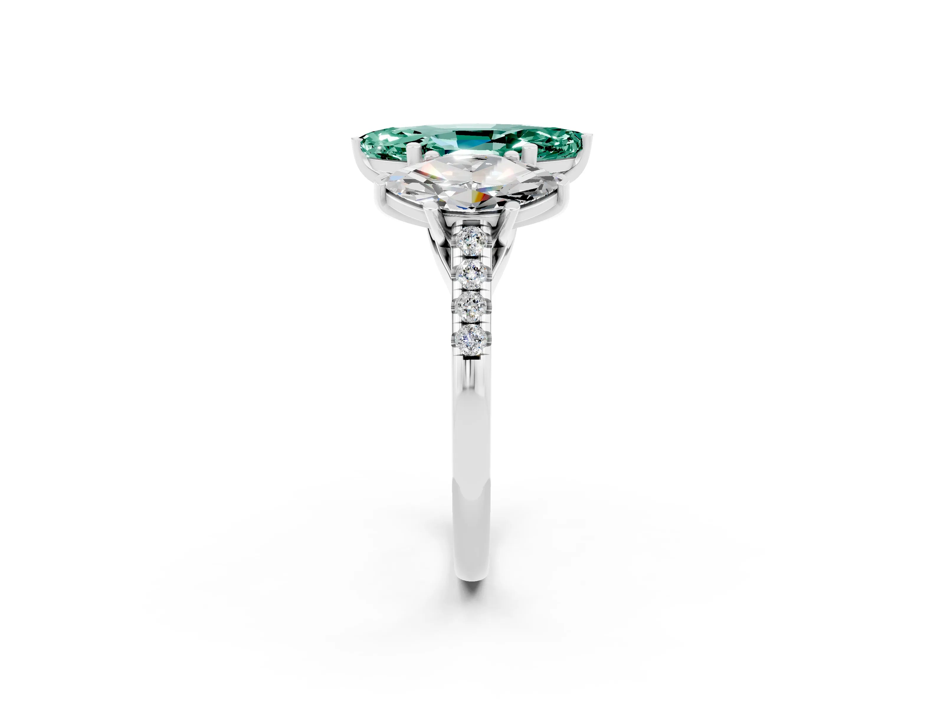 White gold Three-Stone Marquise Cut Green Sapphire Ring with Pavé Band and Prong Setting_14