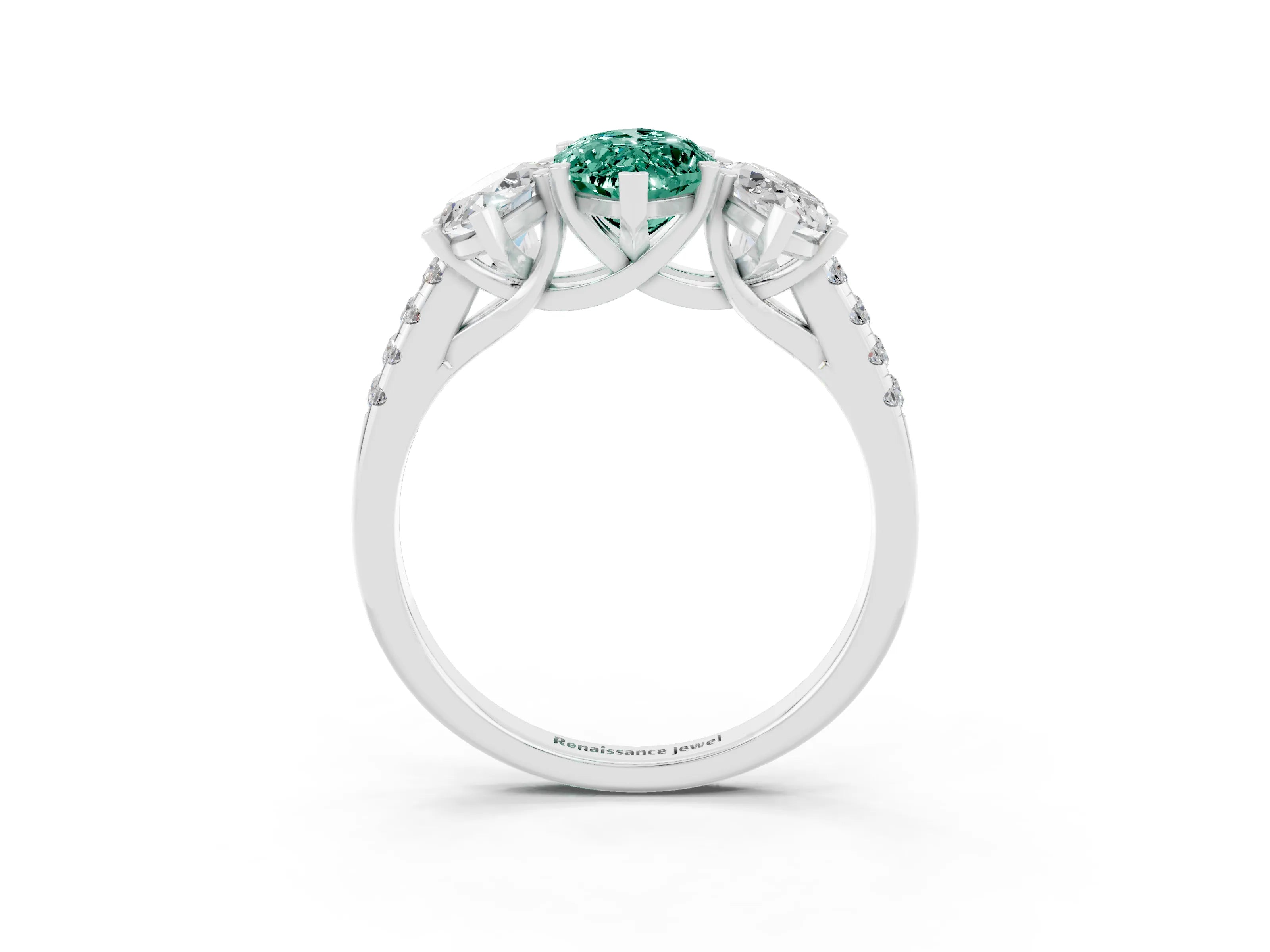 White gold Three-Stone Marquise Cut Green Sapphire Ring with Pavé Band and Prong Setting_15