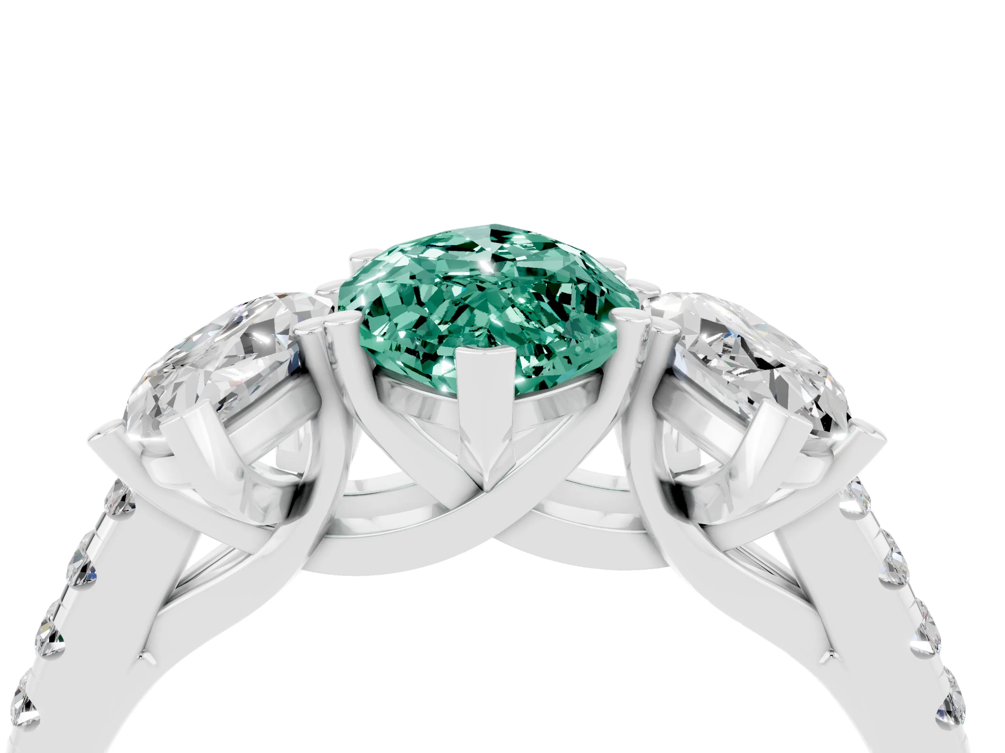 White gold Three-Stone Marquise Cut Green Sapphire Ring with Pavé Band and Prong Setting_16