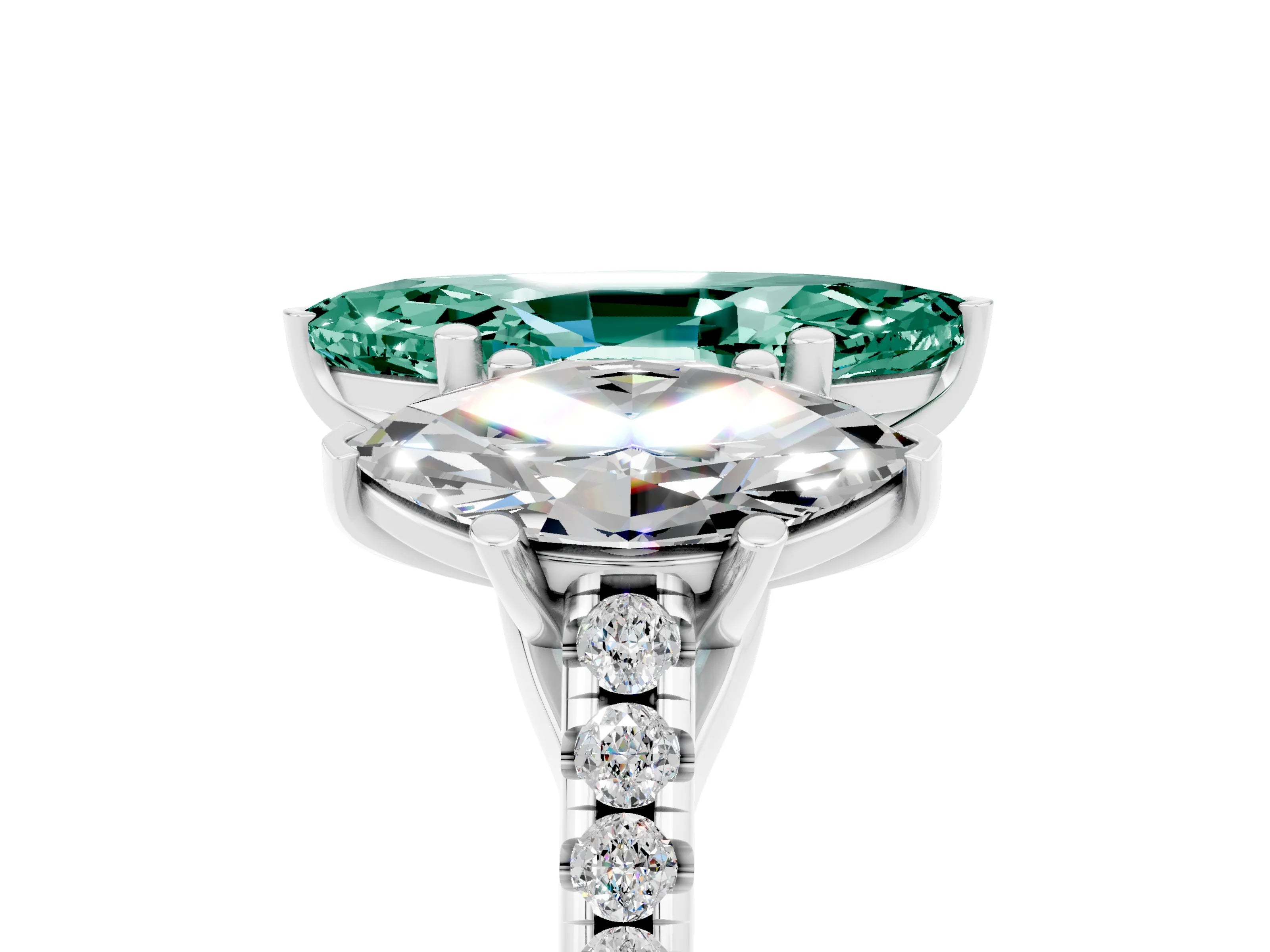 White gold Three-Stone Marquise Cut Green Sapphire Ring with Pavé Band and Prong Setting_17