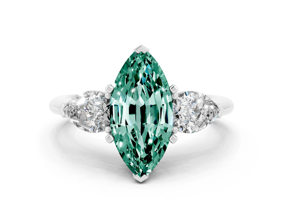 White gold Three-Stone Marquise Cut Green Sapphire Ring with Pear Side Stones and Four-Prong Setting