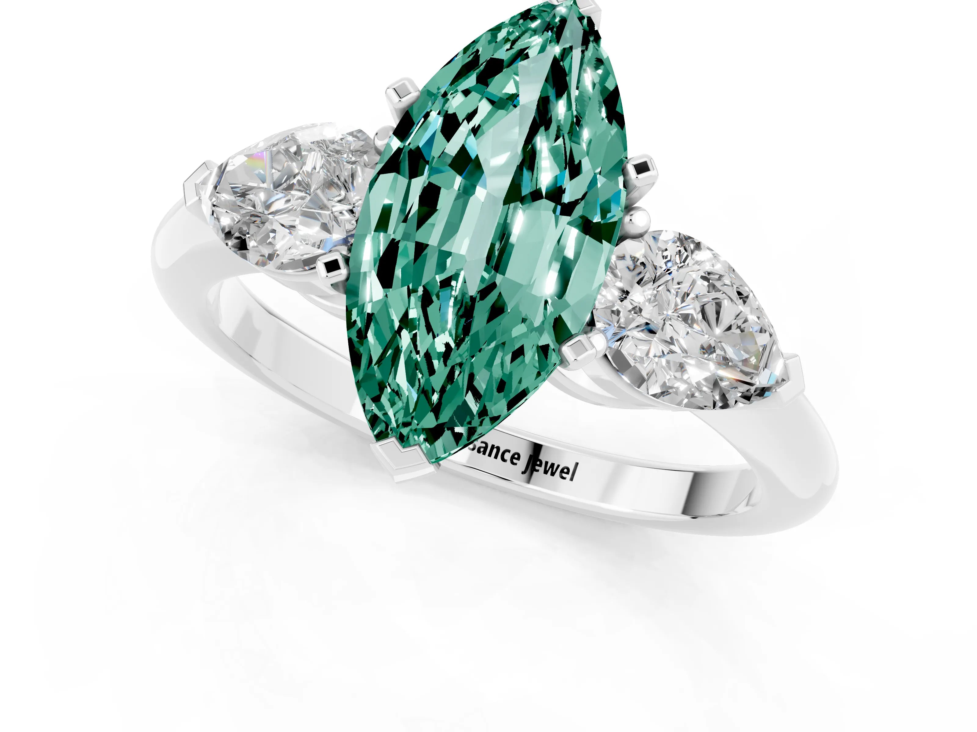 White gold Three-Stone Marquise Cut Green Sapphire Ring with Pear Side Stones and Four-Prong Setting_1