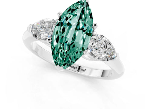 White gold Three-Stone Marquise Cut Green Sapphire Ring with Pear Side Stones and Four-Prong Setting_1