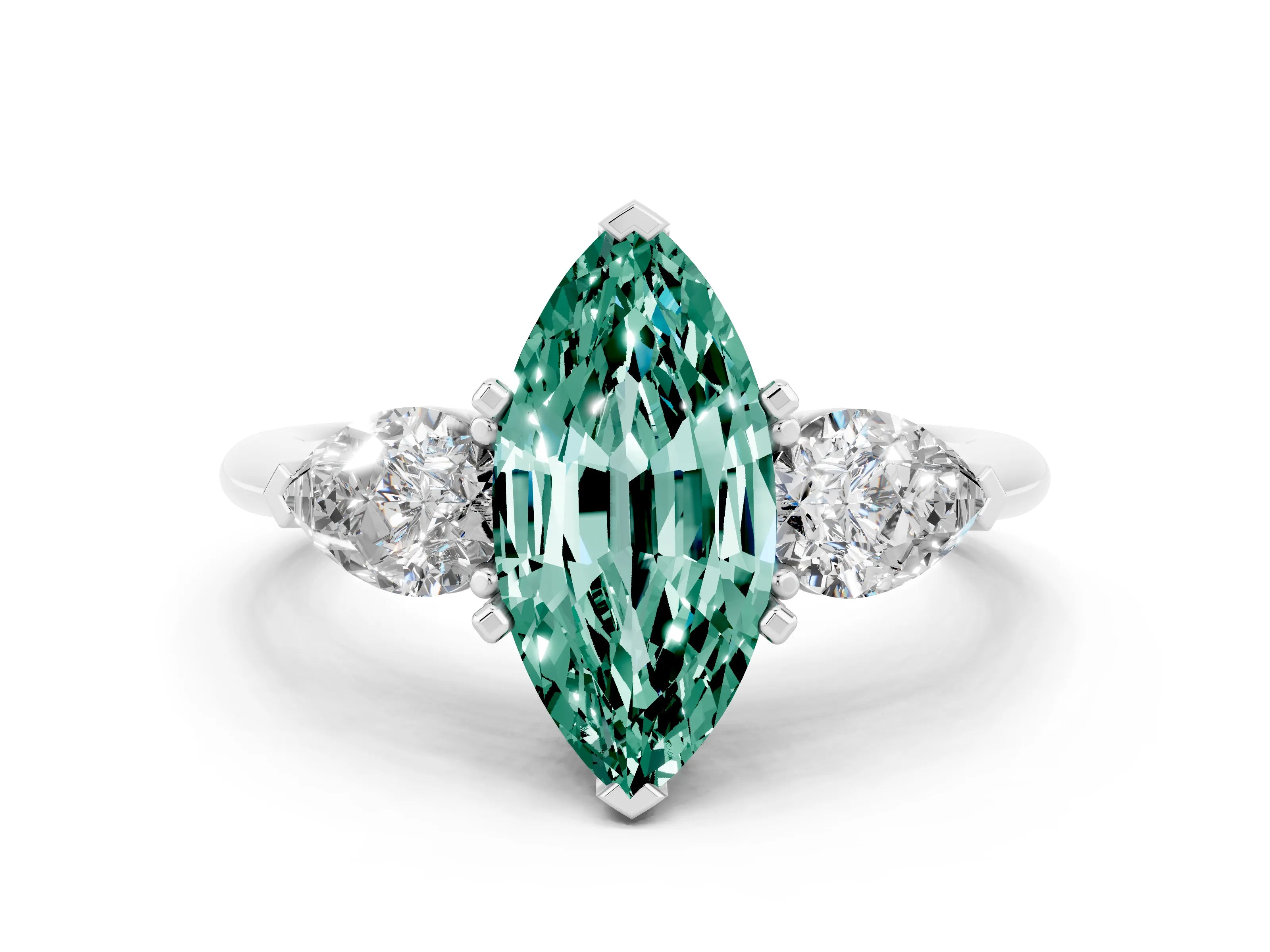 White gold Three-Stone Marquise Cut Green Sapphire Ring with Pear Side Stones and Four-Prong Setting