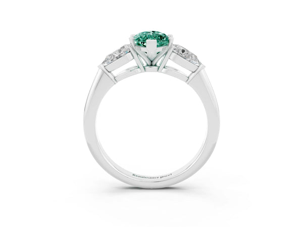 Platinum Three-Stone Marquise Cut Green Sapphire Ring with Pear Side Stones and Four-Prong Setting