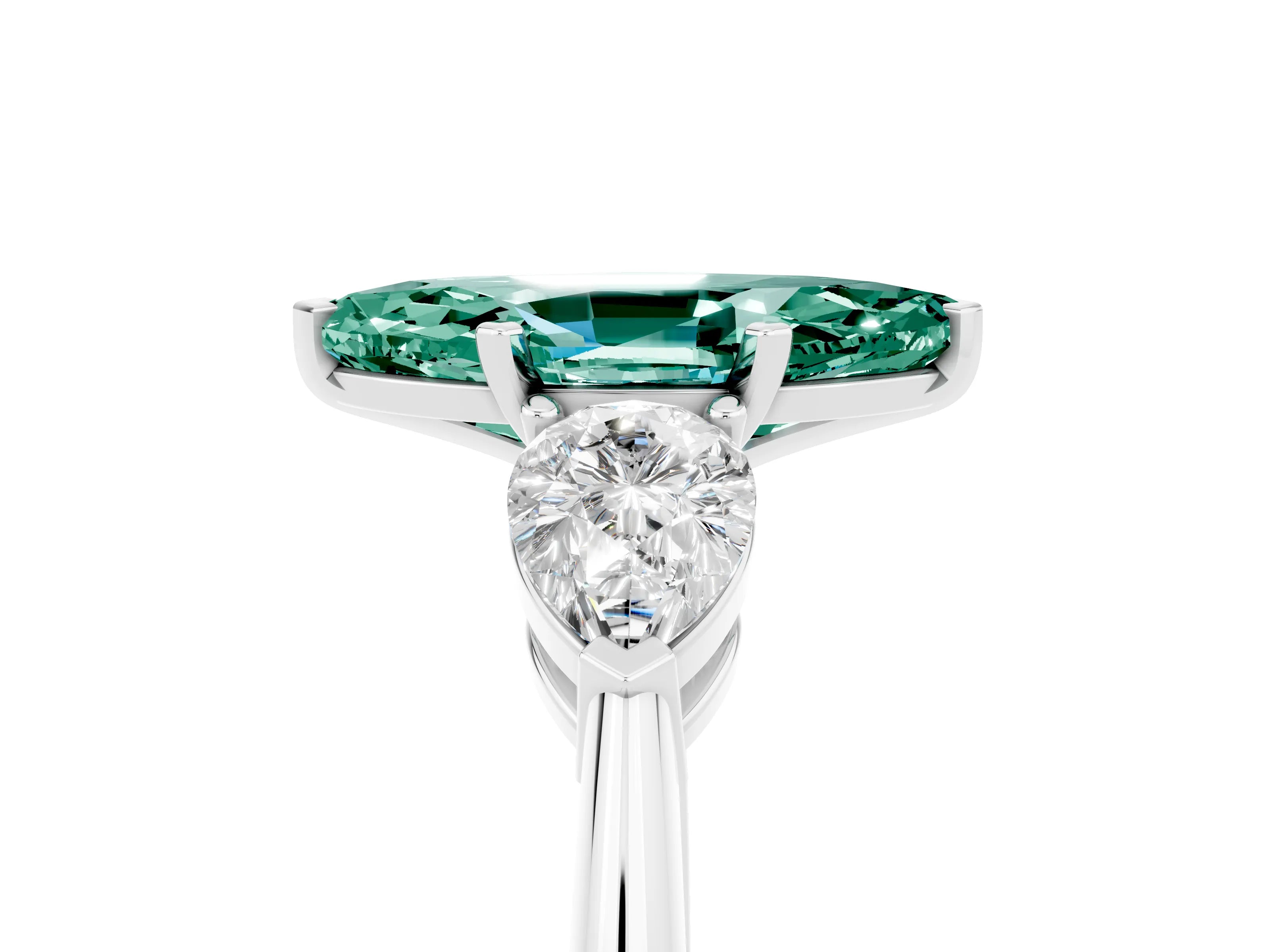 White gold Three-Stone Marquise Cut Green Sapphire Ring with Pear Side Stones and Four-Prong Setting_5