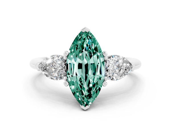White gold Three-Stone Marquise Cut Green Sapphire Ring with Pear Side Stones and Four-Prong Setting
