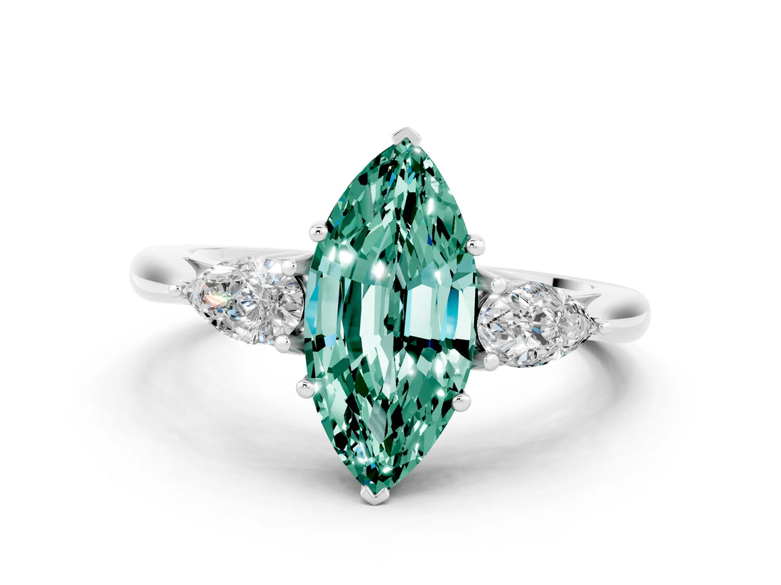 White gold Three-Stone Marquise Cut Green Sapphire Ring with Pear  Side Stones in Four-Prong Setting_12
