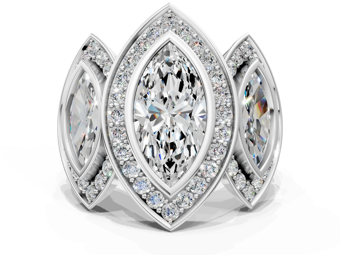 White gold Three-Stone Marquise Cut Halo Pavé Diamond Ring_7