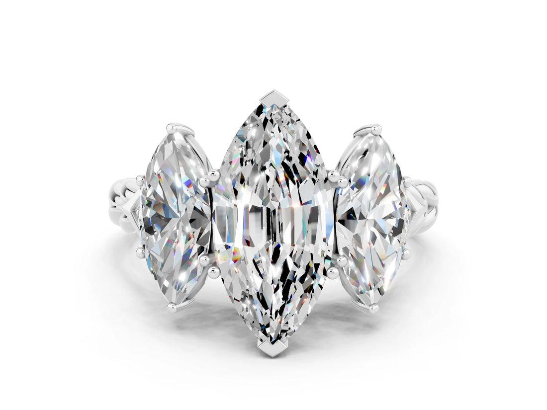 White gold Three-Stone Marquise Cut Moissanite Braided Band Ring with Four-Prong Setting_12
