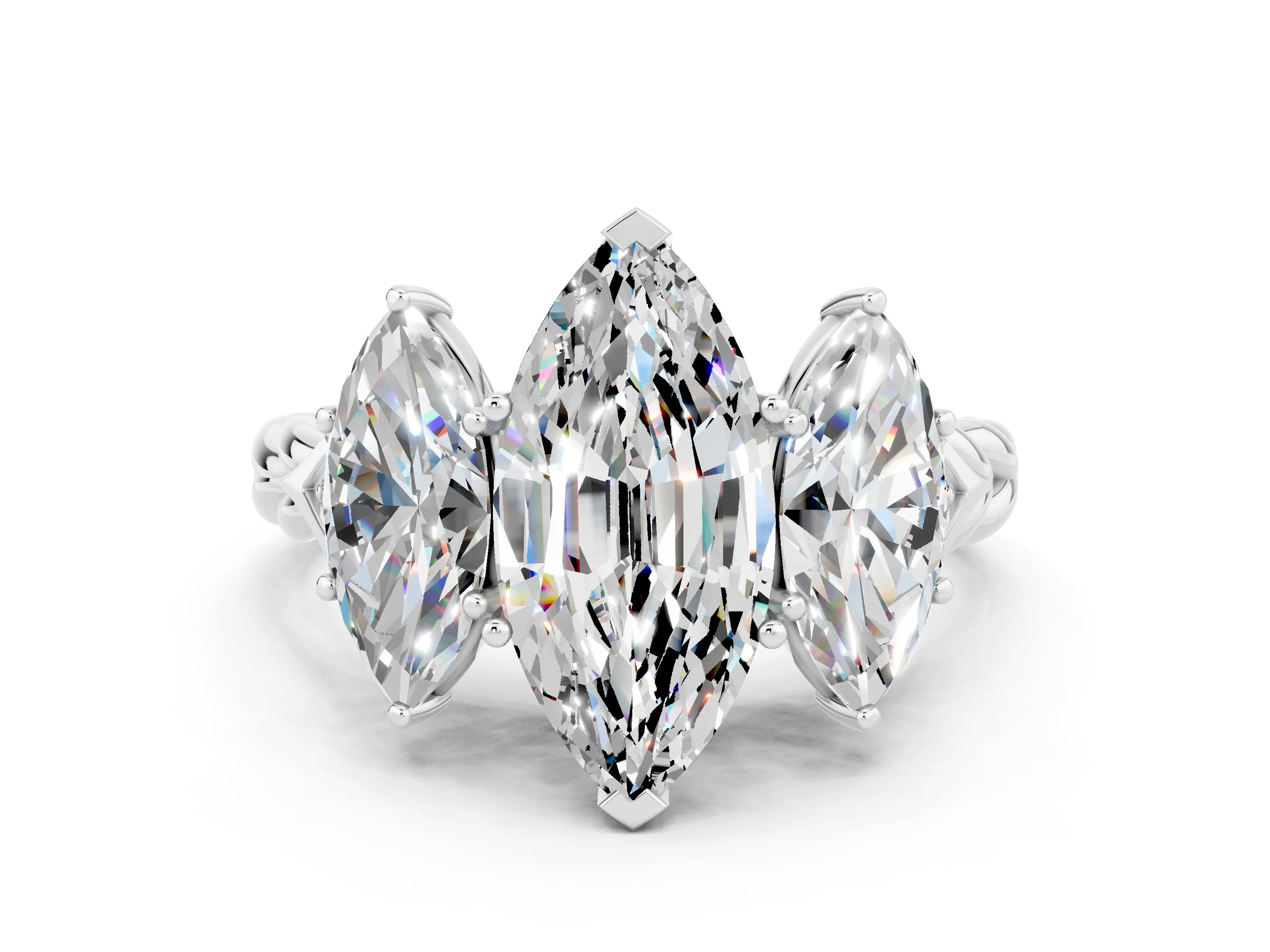 White gold Three-Stone Marquise Cut Moissanite Braided Band Ring with Four-Prong Setting_12
