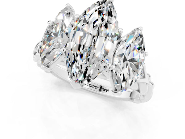 Silver Three-Stone Marquise Cut Moissanite Braided Band Ring with Four-Prong Setting