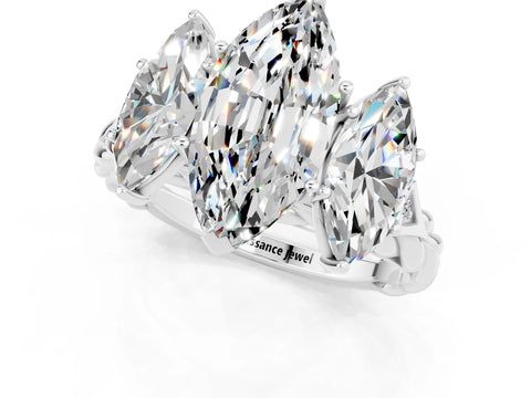 White gold Three-Stone Marquise Cut Moissanite Braided Band Ring with Four-Prong Setting_13