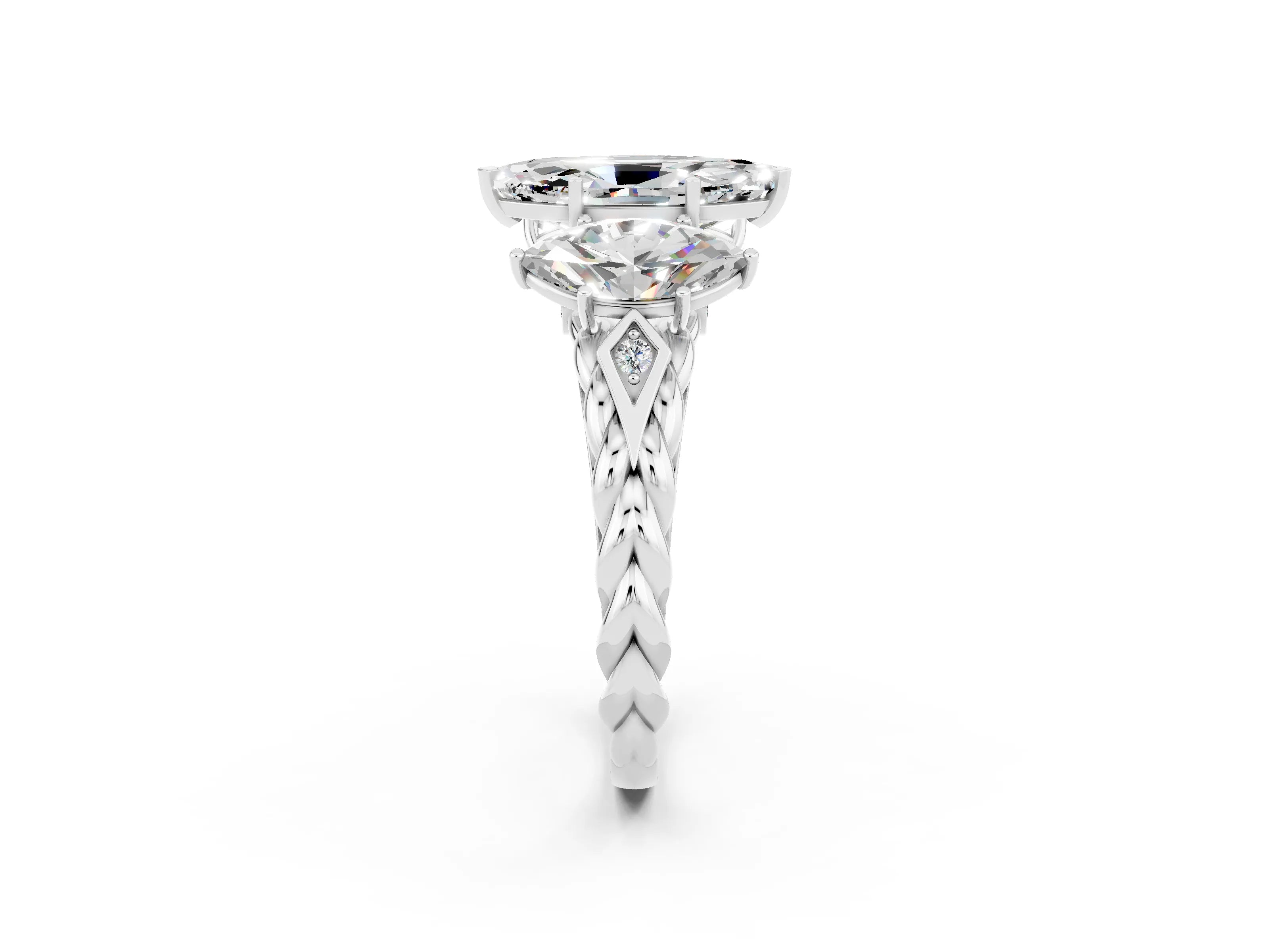 White gold Three-Stone Marquise Cut Moissanite Braided Band Ring with Four-Prong Setting_14