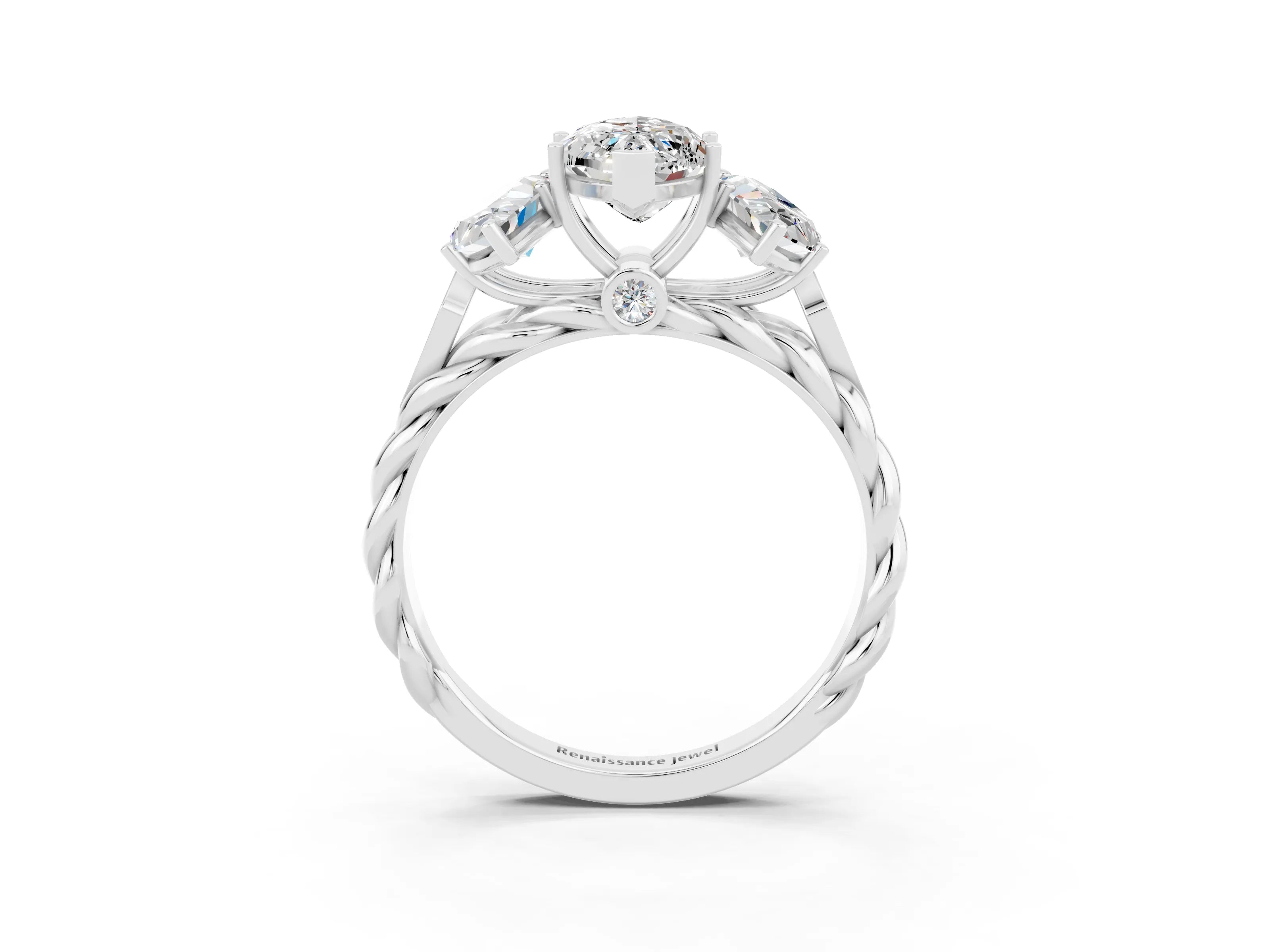 White gold Three-Stone Marquise Cut Moissanite Braided Band Ring with Four-Prong Setting_15