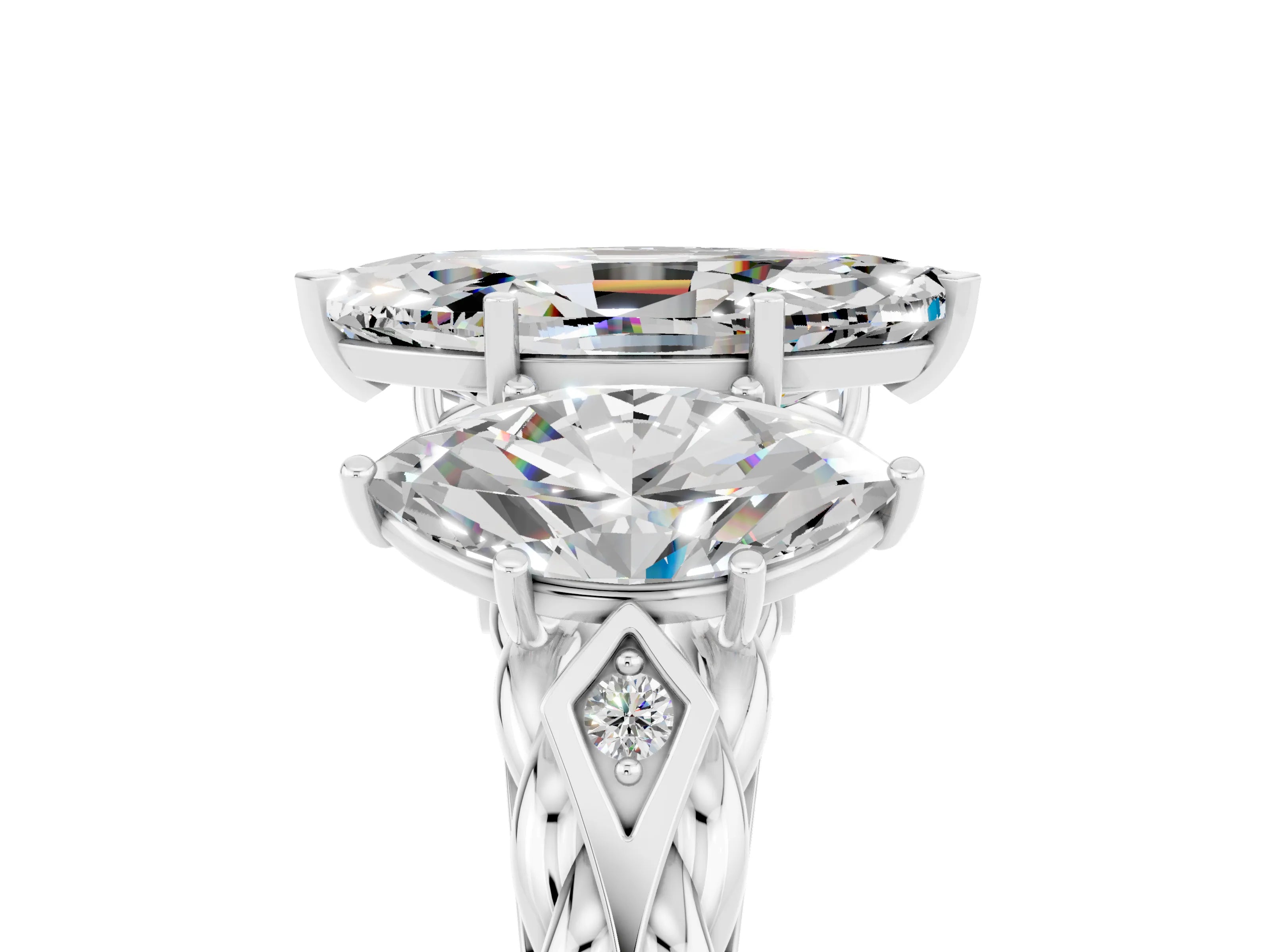 White gold Three-Stone Marquise Cut Moissanite Braided Band Ring with Four-Prong Setting_17