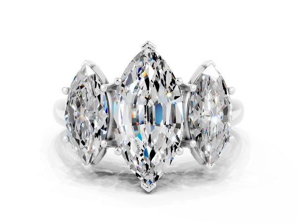 Silver Three-Stone Marquise Cut Moissanite Engagement Ring with Prong Setting