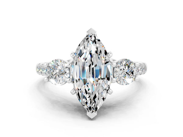 Platinum Three-Stone Marquise Cut Moissanite Pavé Band with Four-Prong Setting