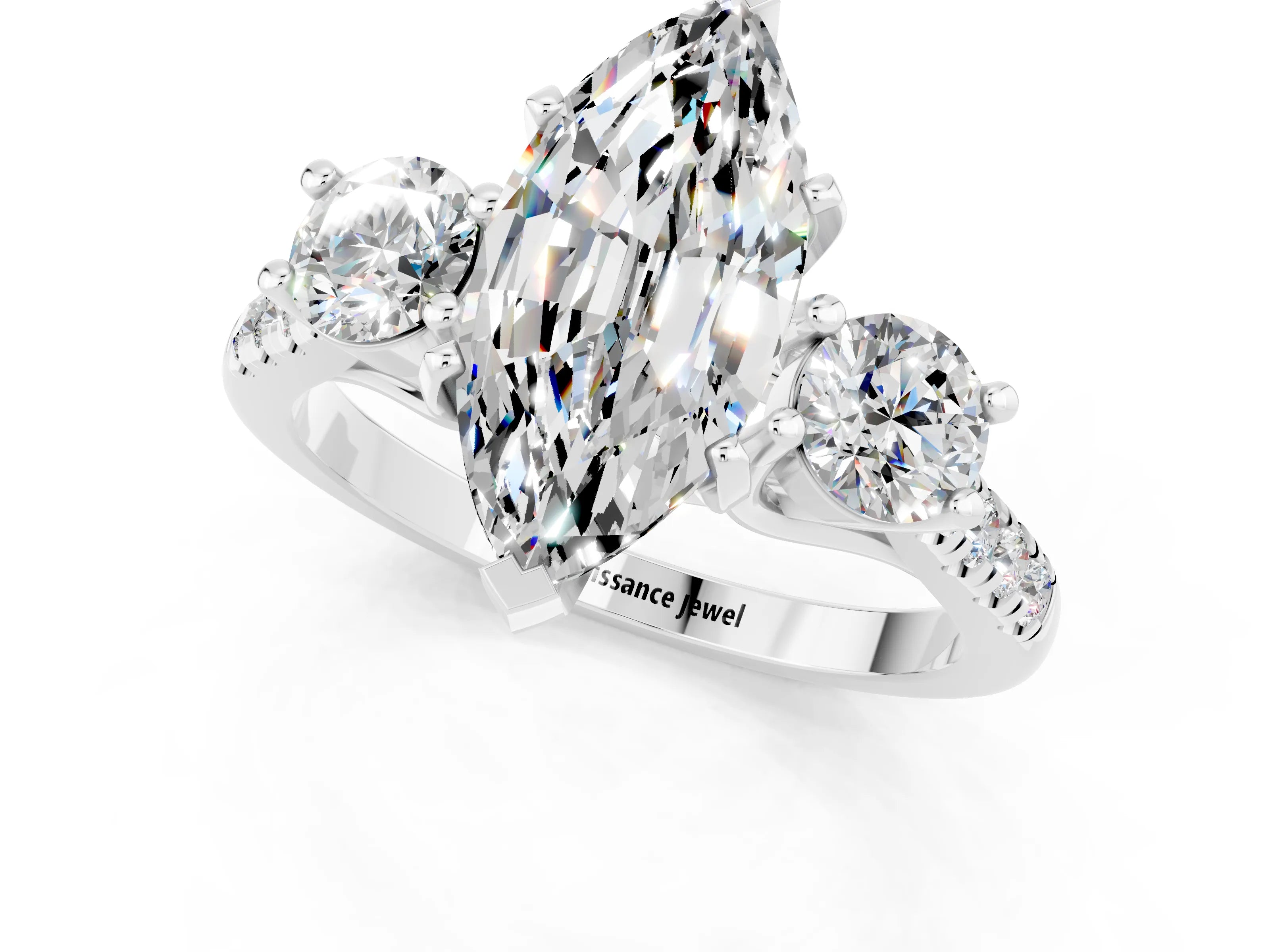 White gold Three-Stone Marquise Cut Moissanite Pavé Band with Four-Prong Setting_1