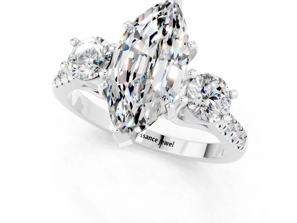 Silver Three-Stone Marquise Cut Moissanite Pavé Band with Four-Prong Setting