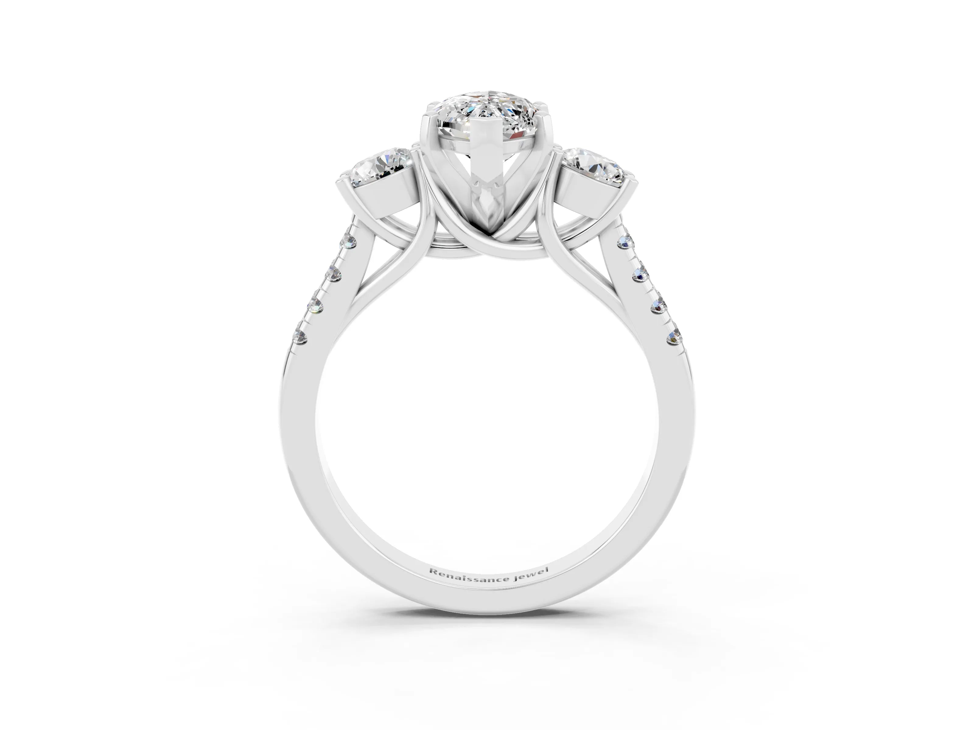 White gold Three-Stone Marquise Cut Moissanite Pavé Band with Four-Prong Setting_3