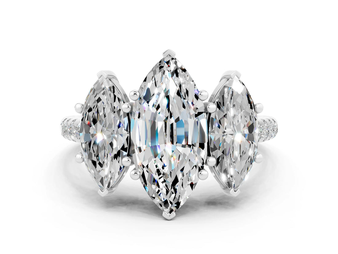 White gold Three-Stone Marquise Cut Moissanite Ring with Pavé Band and Prong Setting_12