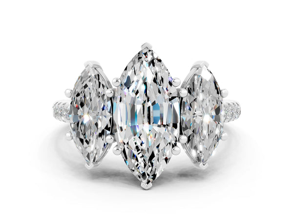 Silver Three-Stone Marquise Cut Moissanite Ring with Round  Pavé Band and Prong Setting