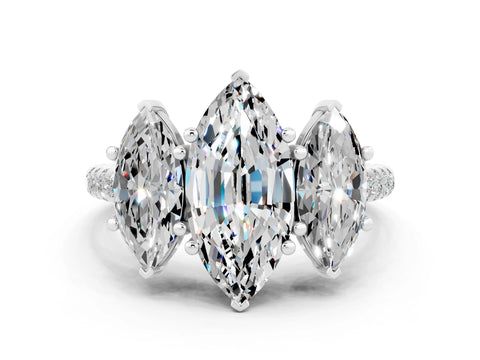 White gold Three-Stone Marquise Cut Moissanite Ring with Pavé Band and Prong Setting_12
