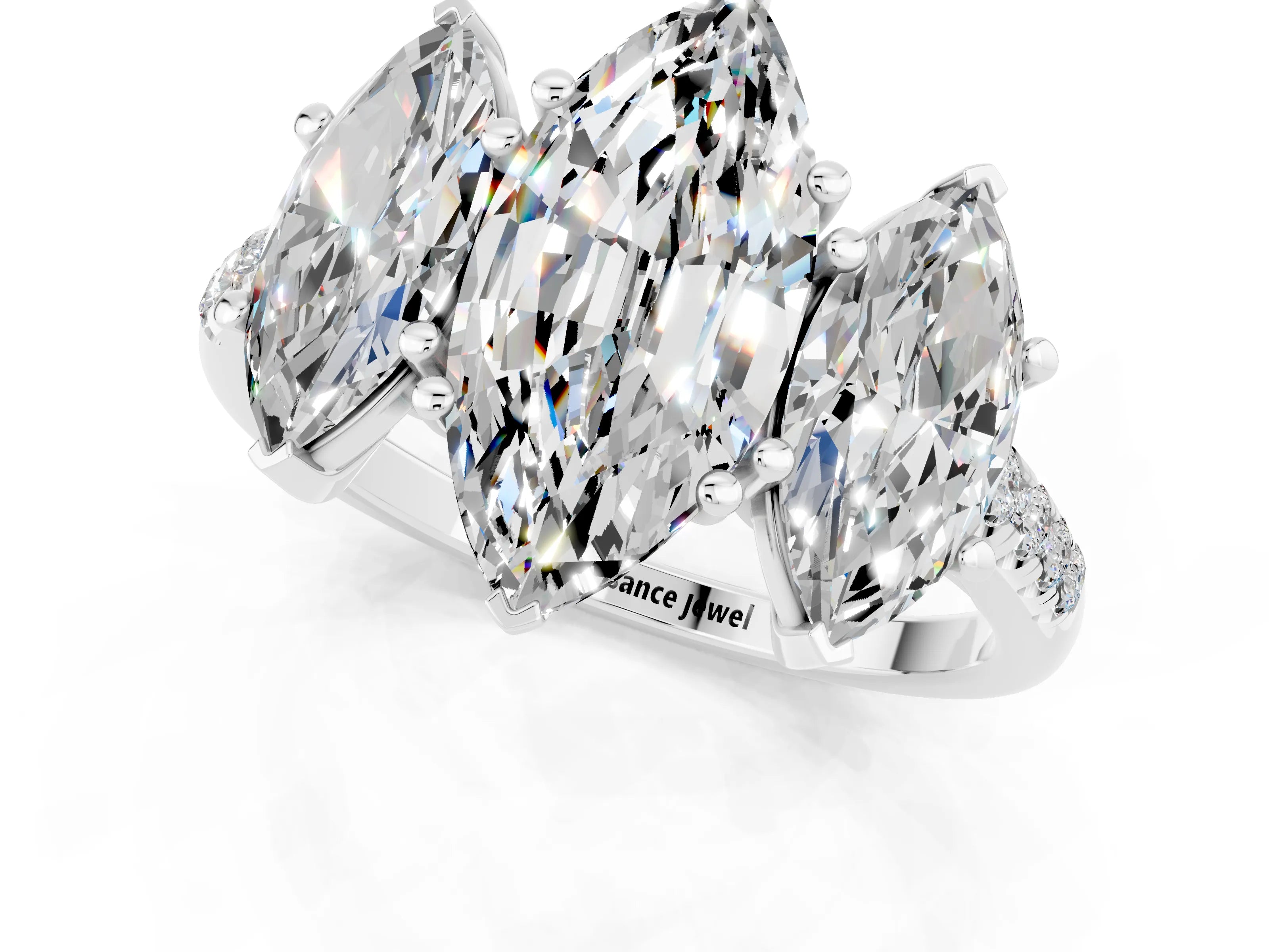 White gold Three-Stone Marquise Cut Moissanite Ring with Pavé Band and Prong Setting_13