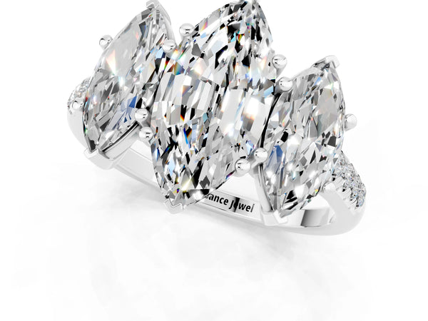 White gold Three-Stone Marquise Cut Moissanite Ring with Round  Pavé Band and Prong Setting