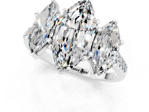White gold Three-Stone Marquise Cut Moissanite Ring with Pavé Band and Prong Setting_13