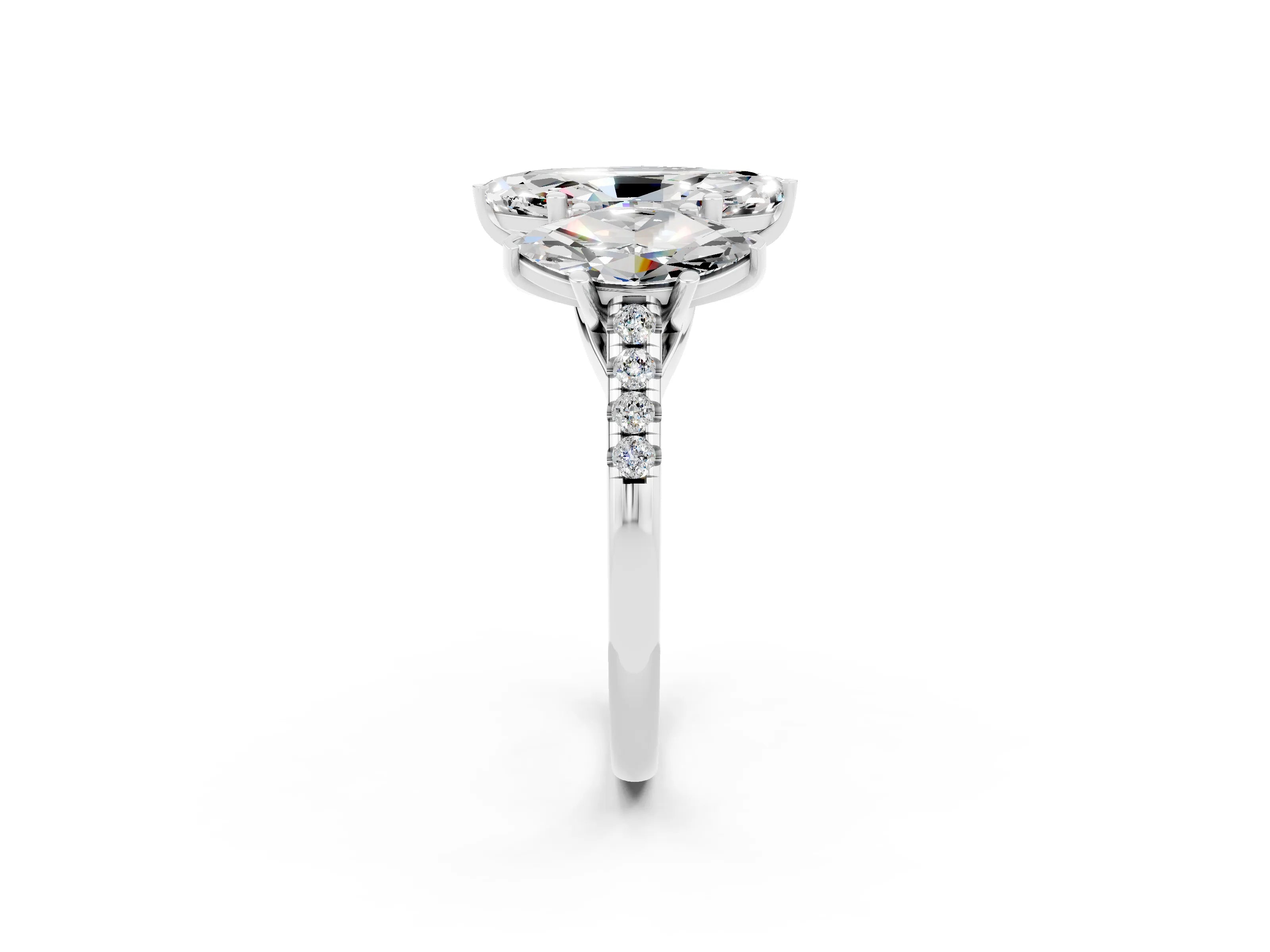 White gold Three-Stone Marquise Cut Moissanite Ring with Pavé Band and Prong Setting_14
