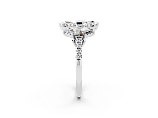 White gold Three-Stone Marquise Cut Moissanite Ring with Round  Pavé Band and Prong Setting