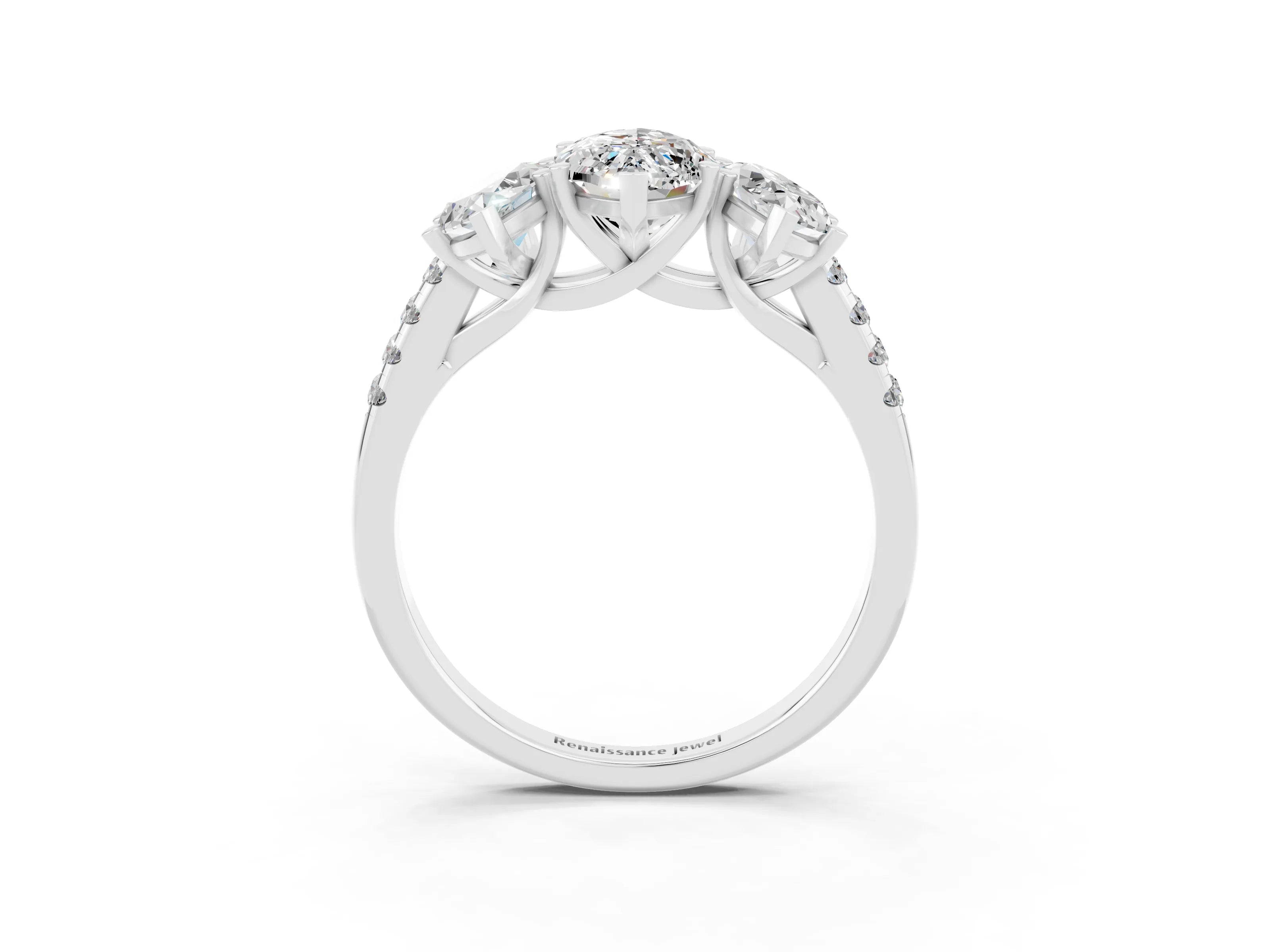 White gold Three-Stone Marquise Cut Moissanite Ring with Pavé Band and Prong Setting_15