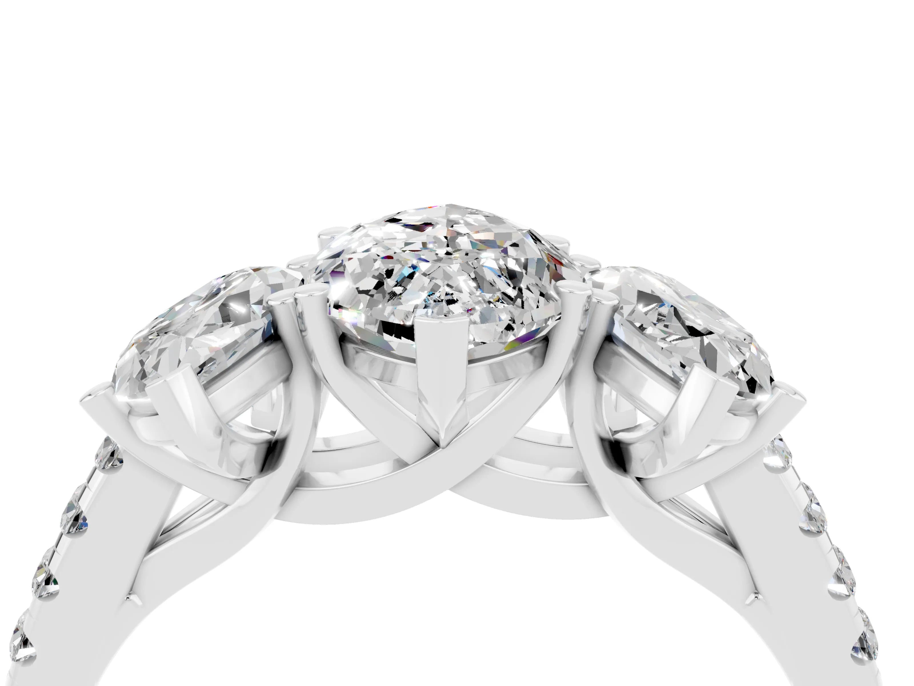 White gold Three-Stone Marquise Cut Moissanite Ring with Pavé Band and Prong Setting_16