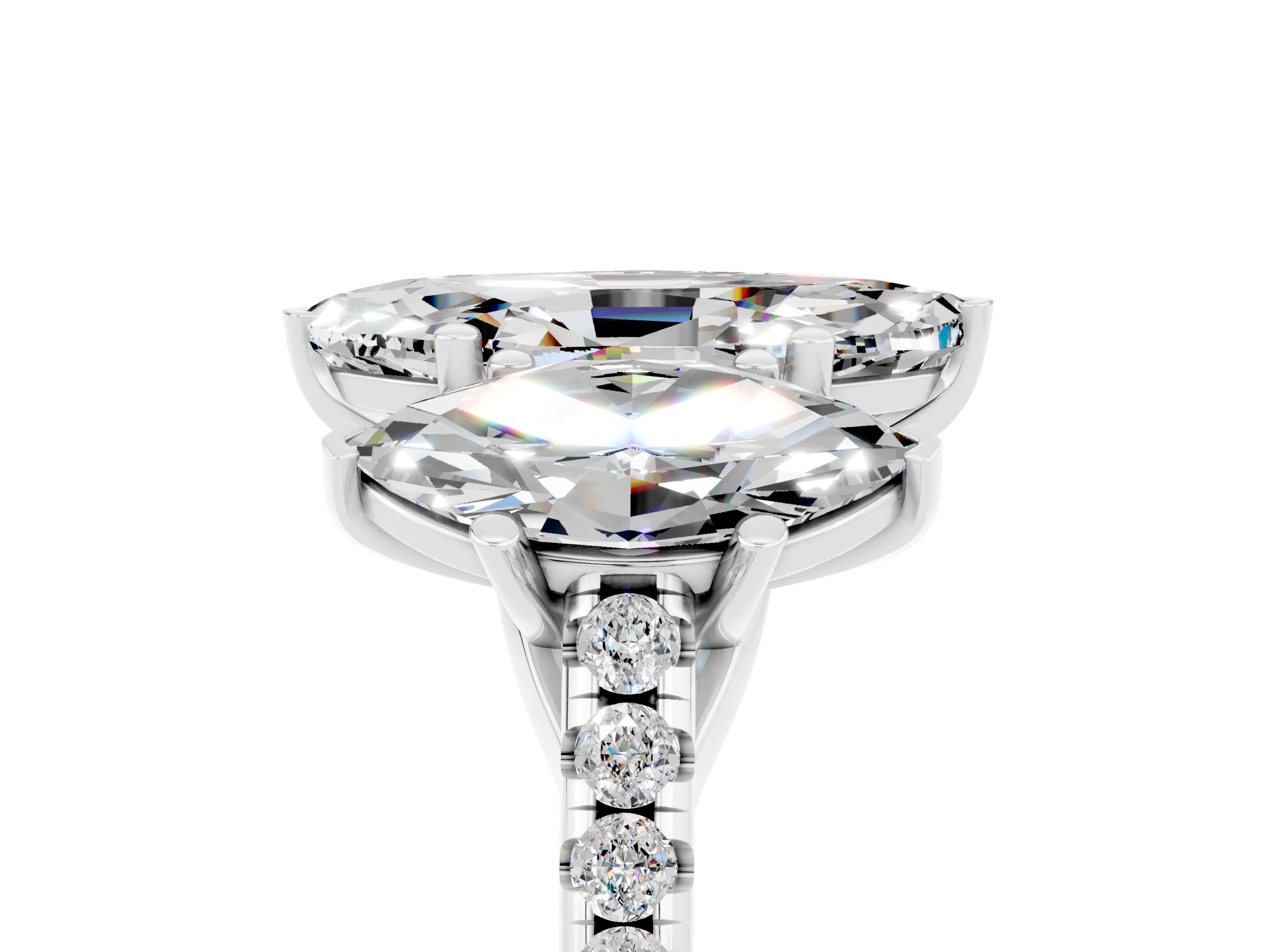 White gold Three-Stone Marquise Cut Moissanite Ring with Pavé Band and Prong Setting_17