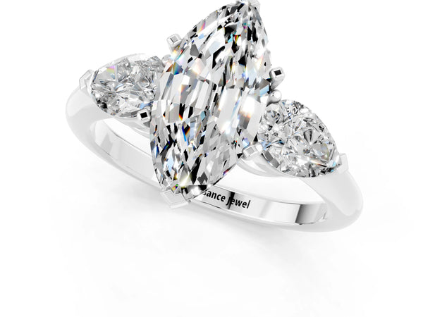 Platinum Three-Stone Marquise Cut Moissanite Ring with Pear Side Stones and Four-Prong Setting