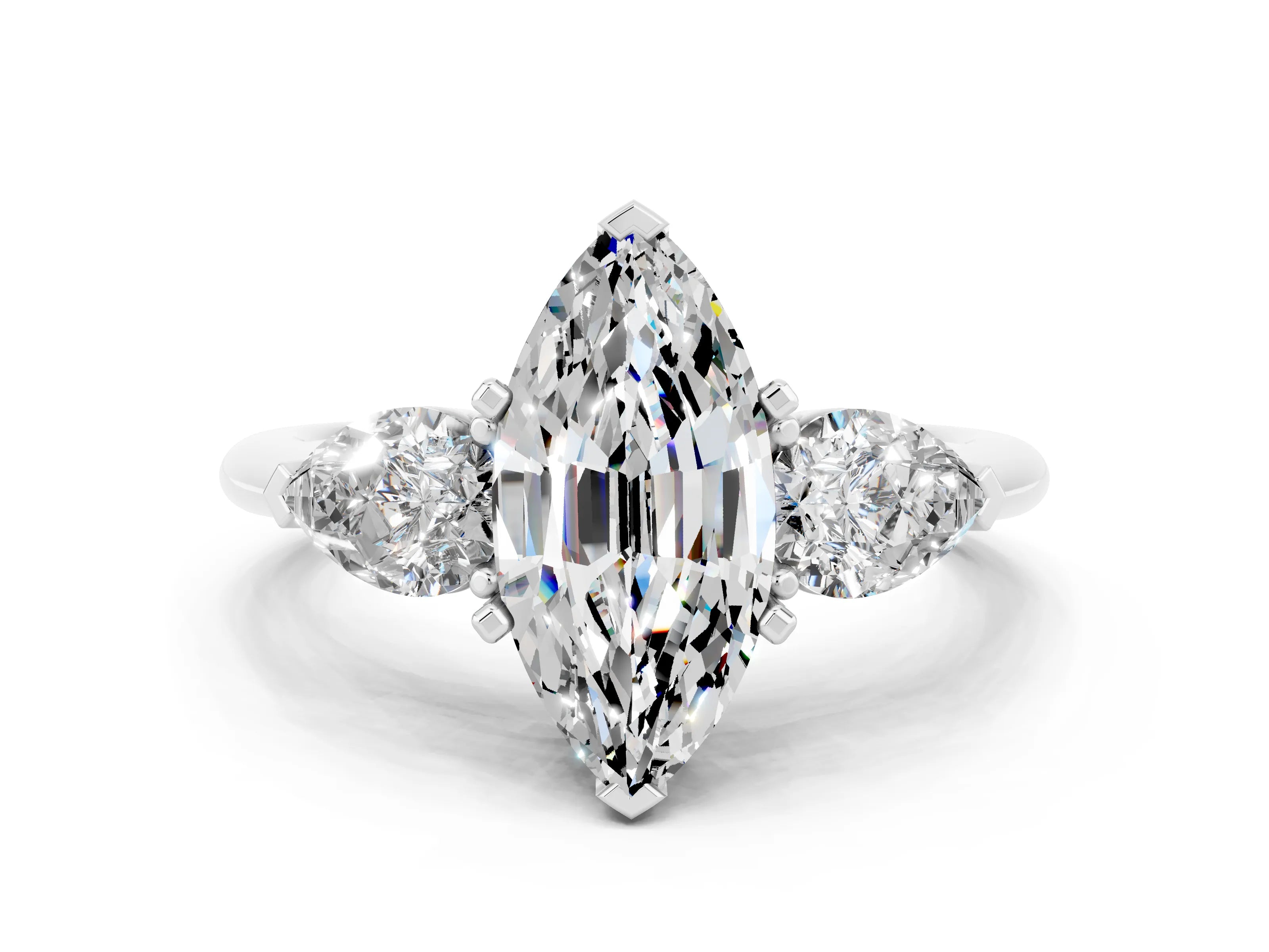 White gold Three-Stone Marquise Cut Moissanite Ring with Pear Side Stones and Four-Prong Setting