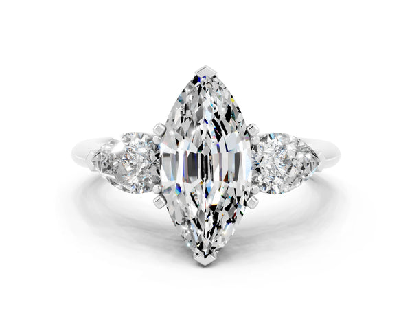 White gold Three-Stone Marquise Cut Moissanite Ring with Pear Side Stones and Four-Prong Setting