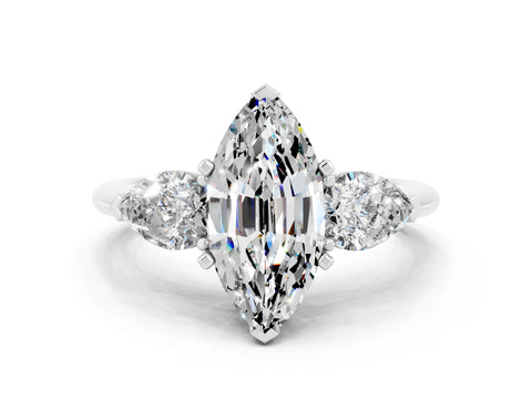 White gold Three-Stone Marquise Cut Moissanite Ring with Pear Side Stones and Four-Prong Setting
