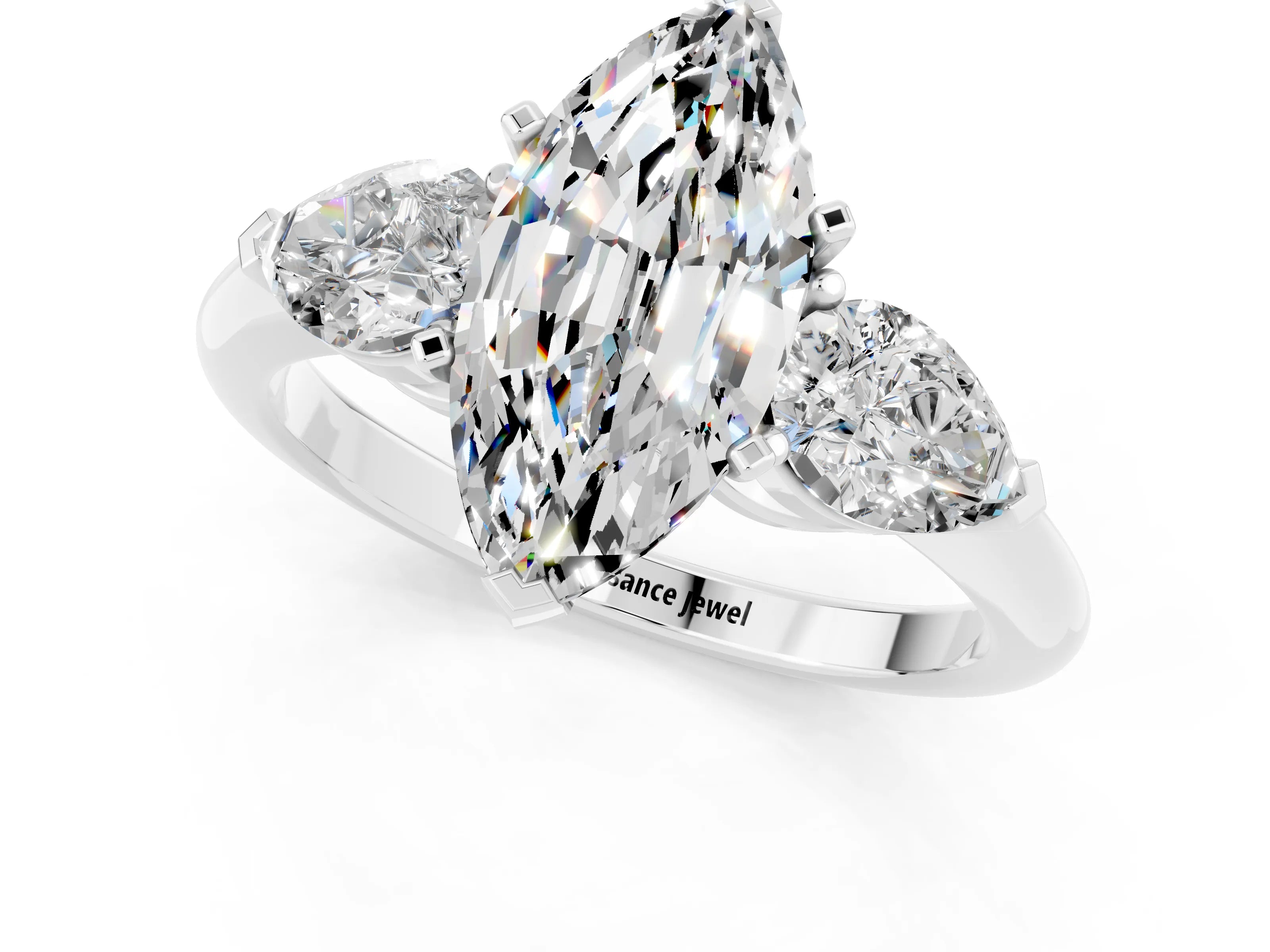 White gold Three-Stone Marquise Cut Moissanite Ring with Pear Side Stones and Four-Prong Setting_1