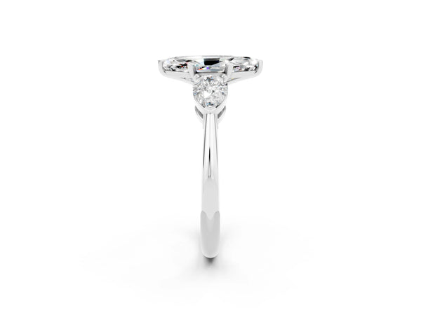 Platinum Three-Stone Marquise Cut Moissanite Ring with Pear Side Stones and Four-Prong Setting